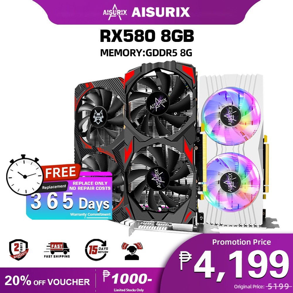AISURIX%X Fz@Graphics Card RX 580 8GB GDDR5 256Bit 2084SP Computer GPU ...