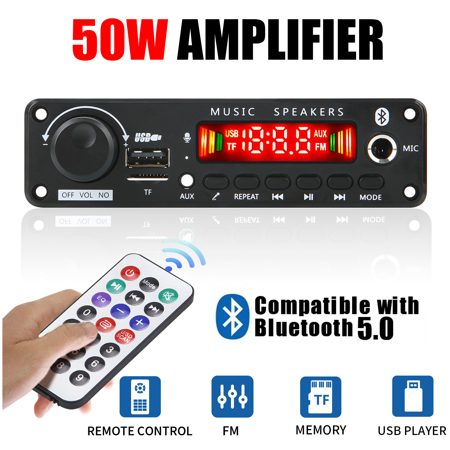 50W Amplifier Bluetooth MP3 WMA Decoder Board 12V 6.5mm Microphone FM ...