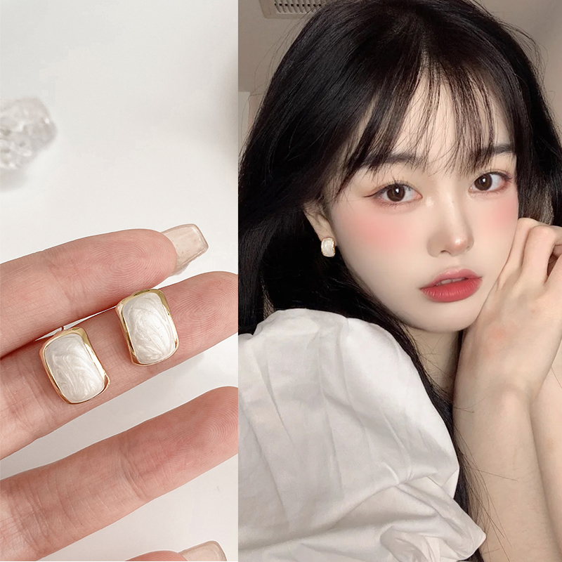 Korean Fashion Gold Edged Earrings Retro White Drop Glazed Ear Studs ...