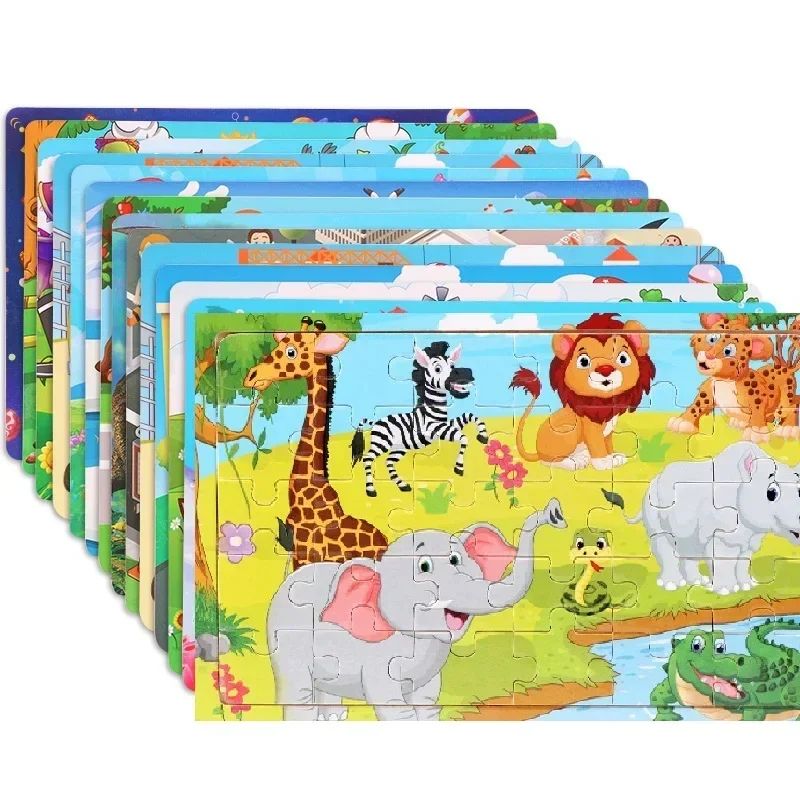 30 Piece Wooden Jigsaw 3d Puzzle Kids Cartoon Animal Vehicle Puzzles ...