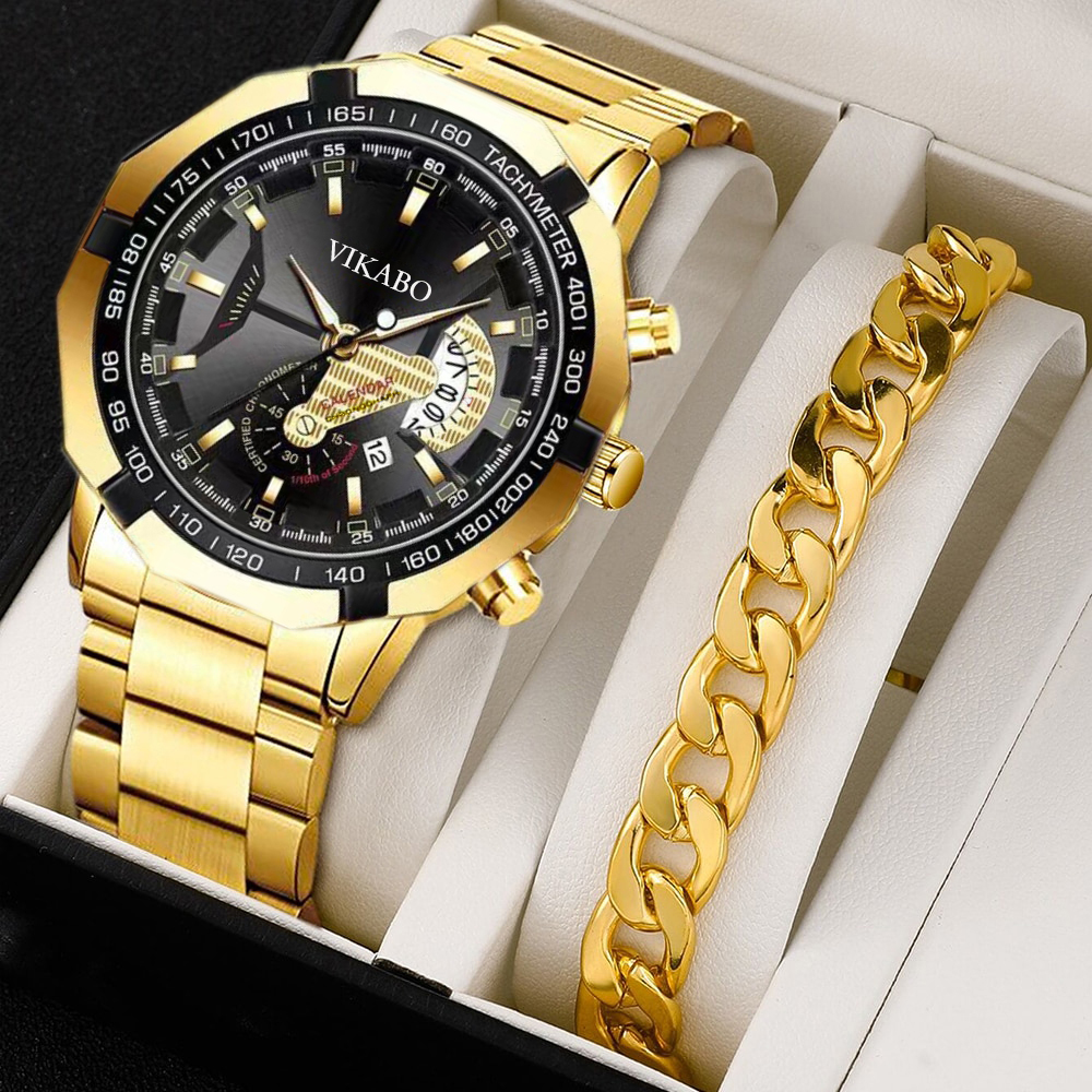 Large Gold Men's Watch Set Luxury Versatile Men's Calendar Quartz Watch ...