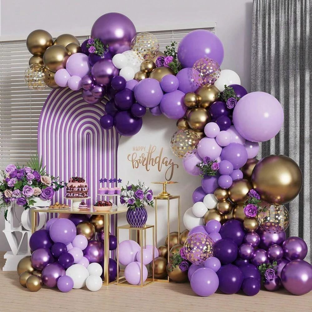 Purple, gold, white latex balloon arch kit, birthday party, wedding