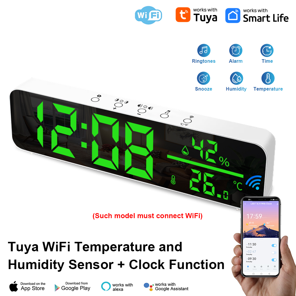 Tuya WiFi Temperature Humidity Sensor Support Time Display Alarm Clock ...