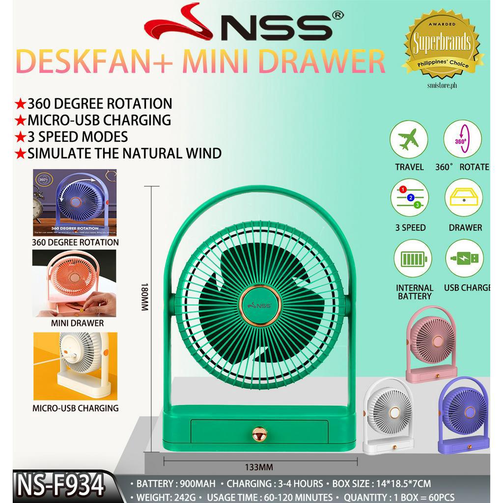 NSS Desk Mini Fan with Drawer Table Fan 3 Speed Portable Small Electric ...