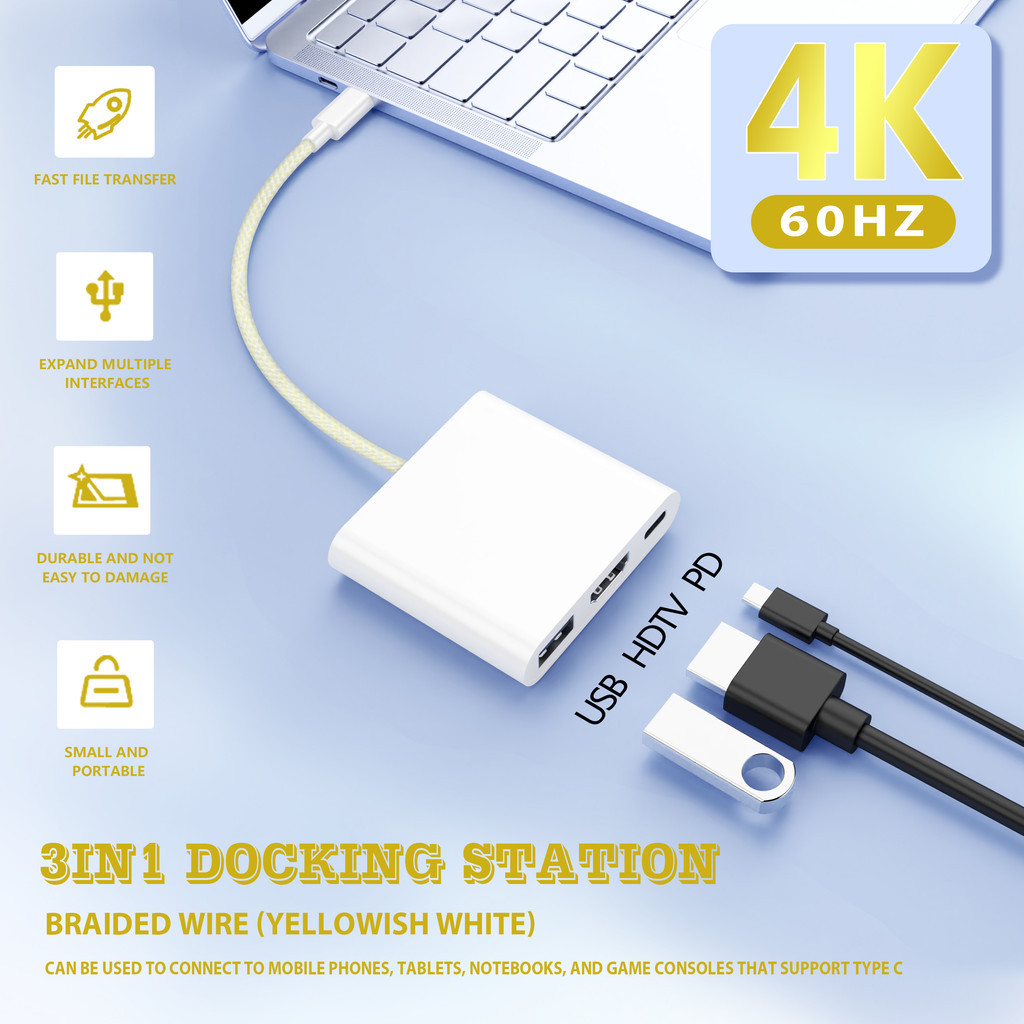 4K 60Hz HD USB C Hub 3in1 Docking Station, Type C Multiport Adapter ...