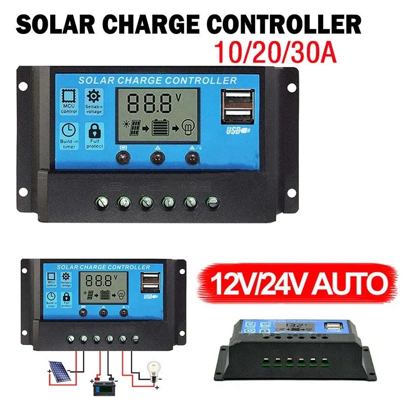 10/20/30A Solar Charge Controller With Daul USB Port 12V 24V PWM LCD ...