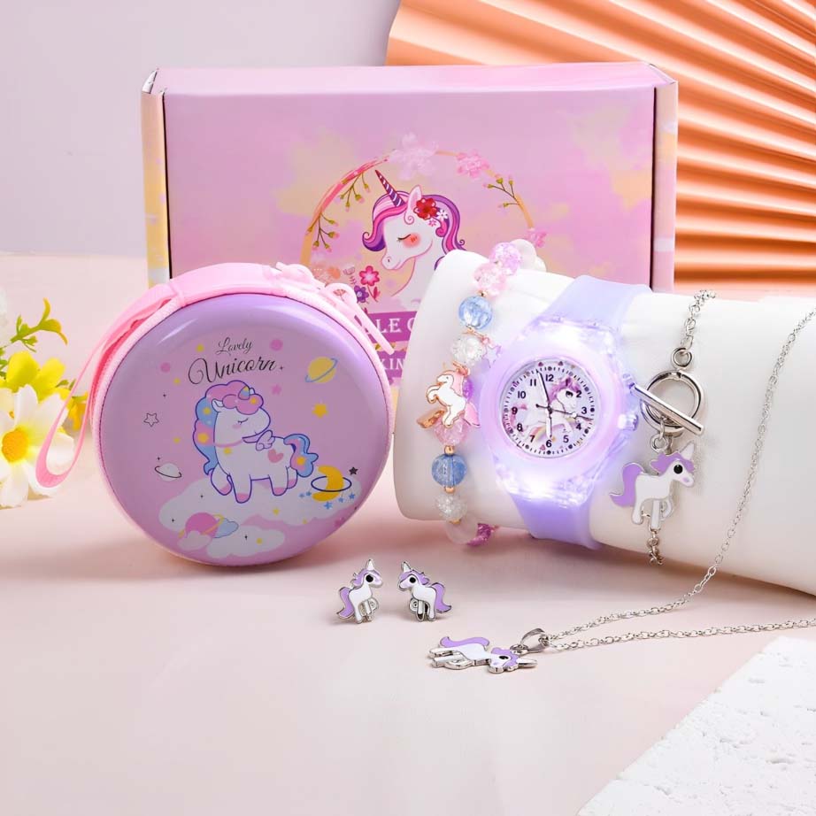 Babyhug Analog Watch Unicorn Print With Beaded Bracelet Set - Pink main image 0