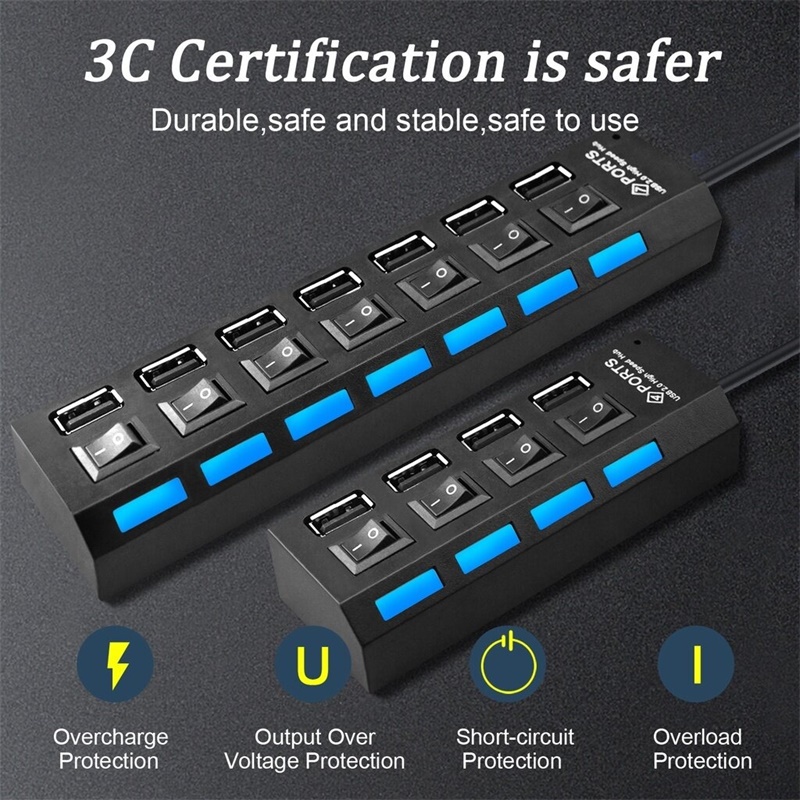 7 Port USB 2.0 Hub, USB A Port Data Hub with Independent On/Off Switch ...