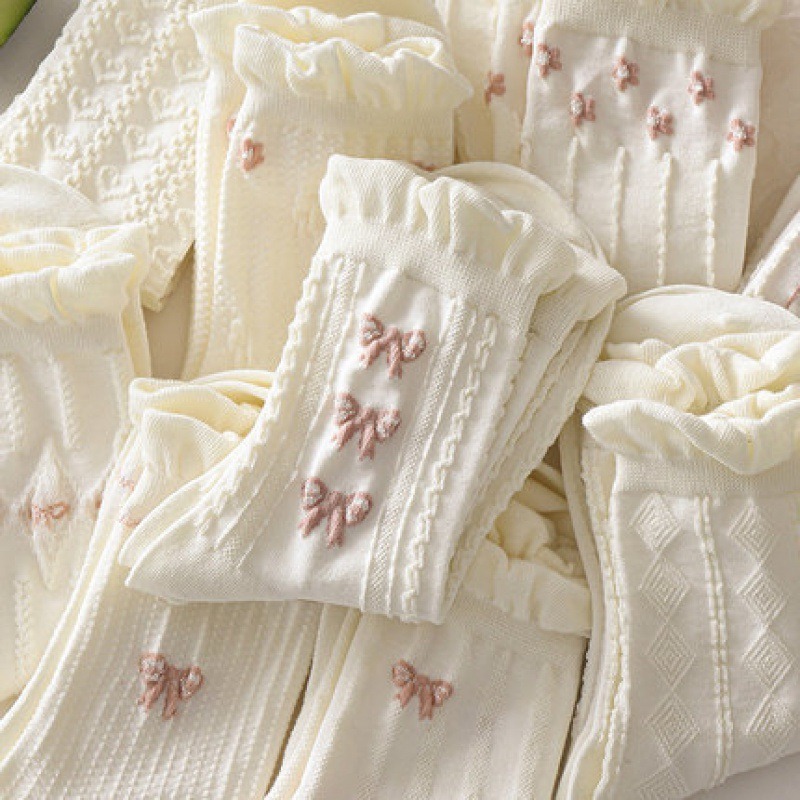 5/9 Pairs Women White Socks Bow Pattern Socks Sweet & Lightweight ...
