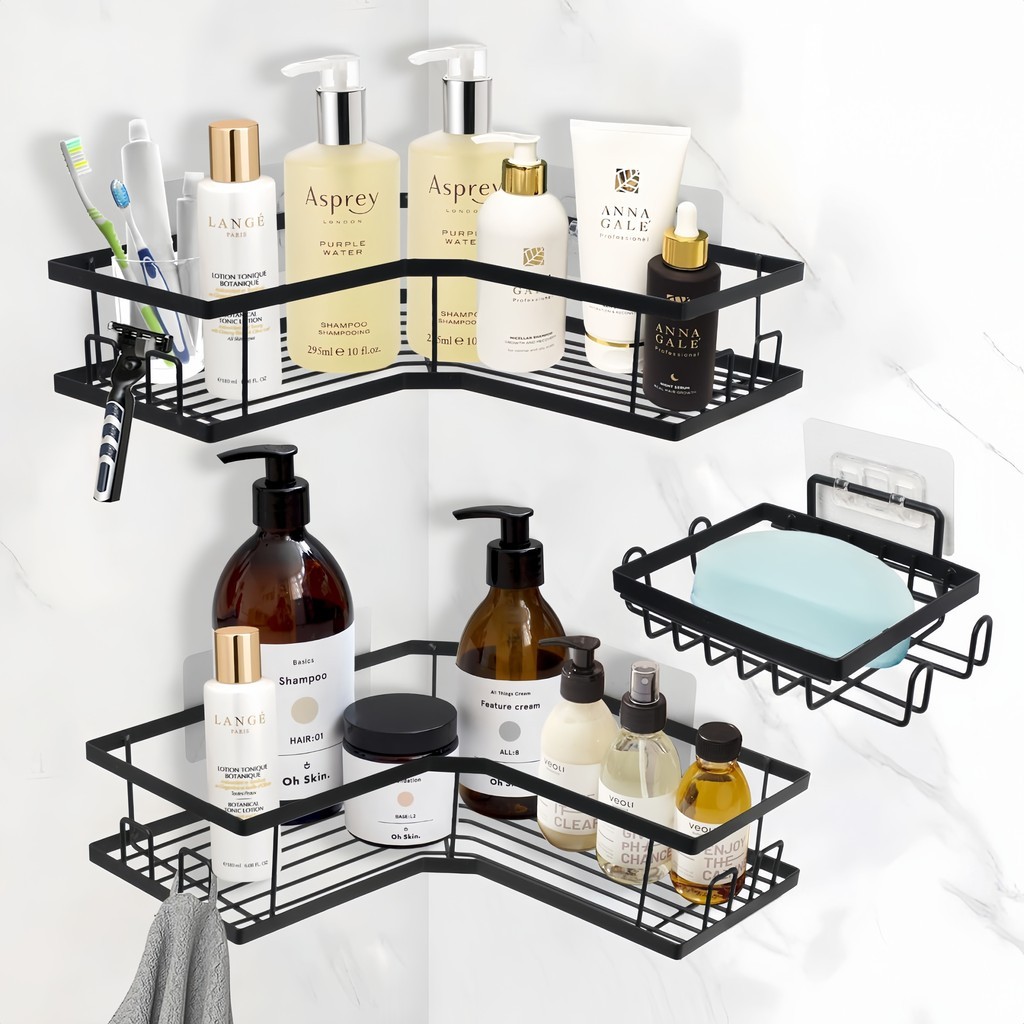 3piece Corner Shower Rack, Adhesive Shower Rack with Soap Rack, Wall