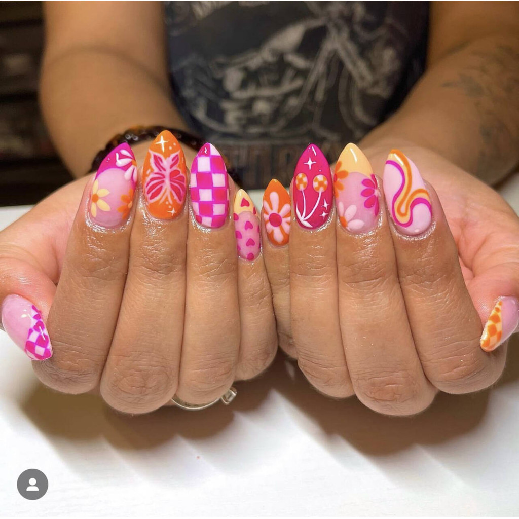 24pcs This Almond Long Nail Multicolor Candy Color Star Pattern Flower