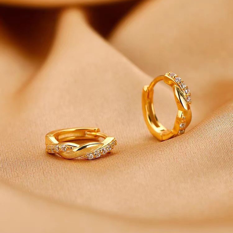 Gold Copper Alloy Hoop Earrings With Zircon Beads For Everyday Elegant Style And Casual Office Wear