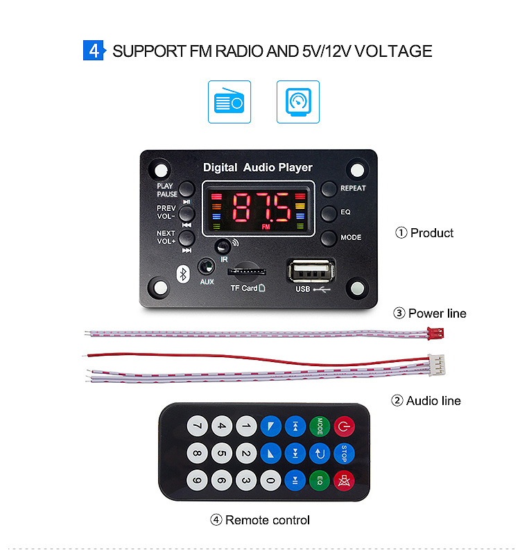 Decoder MP3 Bluetooth 5.0 - Lettore USB, FM, AUX Per Altoparlanti, 7-25V, Supporta FLAC/APE