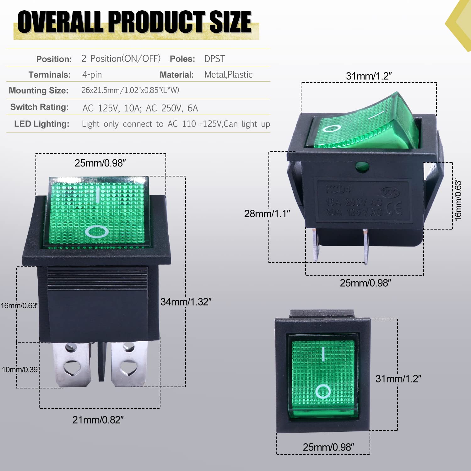 KCD4 Rocker Switch 4 Pin Rocker Switch DPST ON/Off Red Illuminated Snap ...