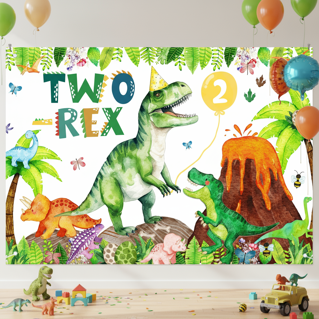 Two Rex Dinosaur 2nd Birthday Backdrop for Boys Birthday Decorations ...