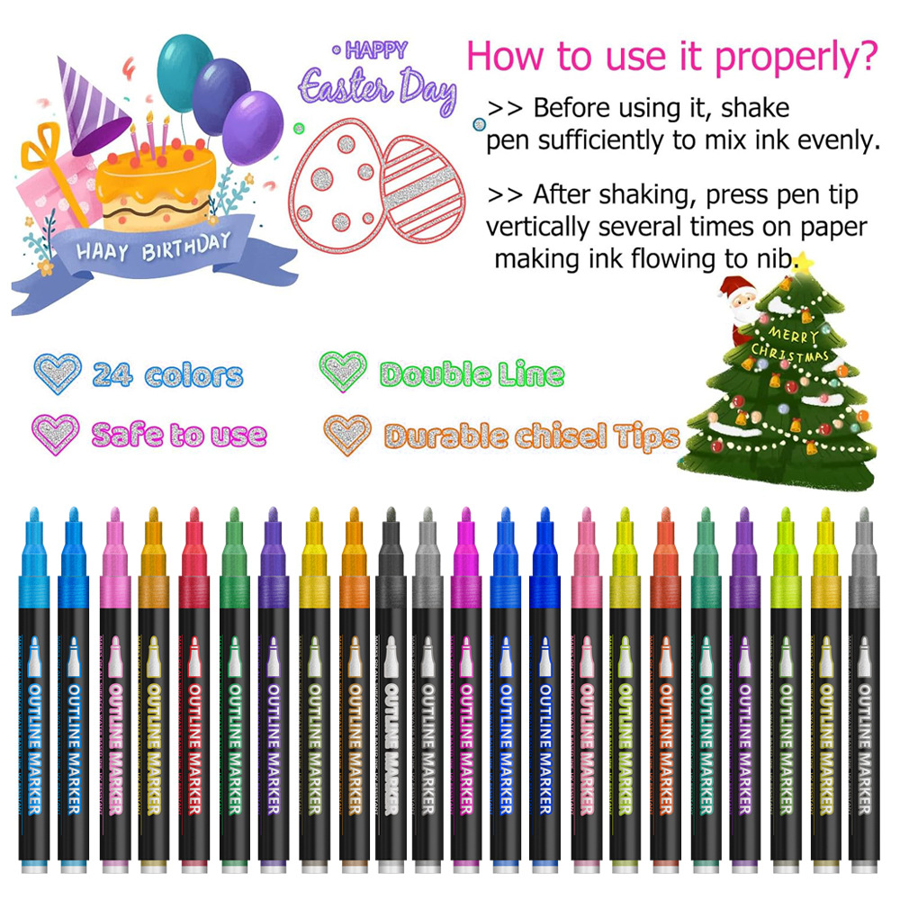 12-Color Double-Line Contour Pens – Student Art Set for Christmas Cards ...