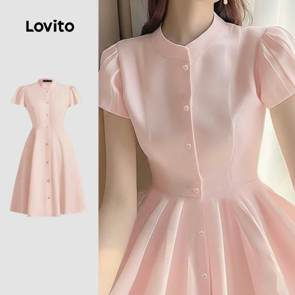 (Trendy2) Lovito Women Casual Dress Button Front Spring/summer Pink ...