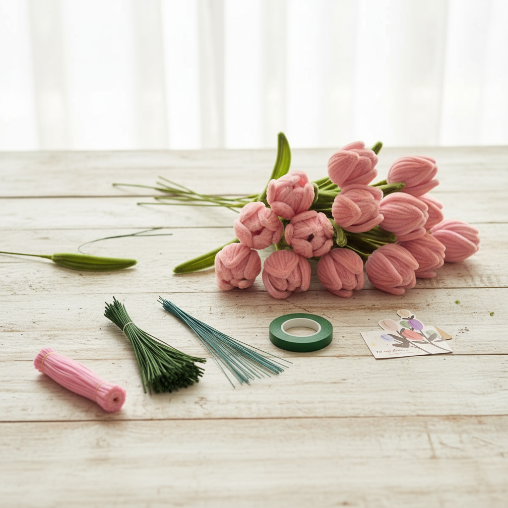 Tulip Flower Bouquet Craft Kit, Pipe Cleaner Set, Light Pink Fuzzy Wire ...