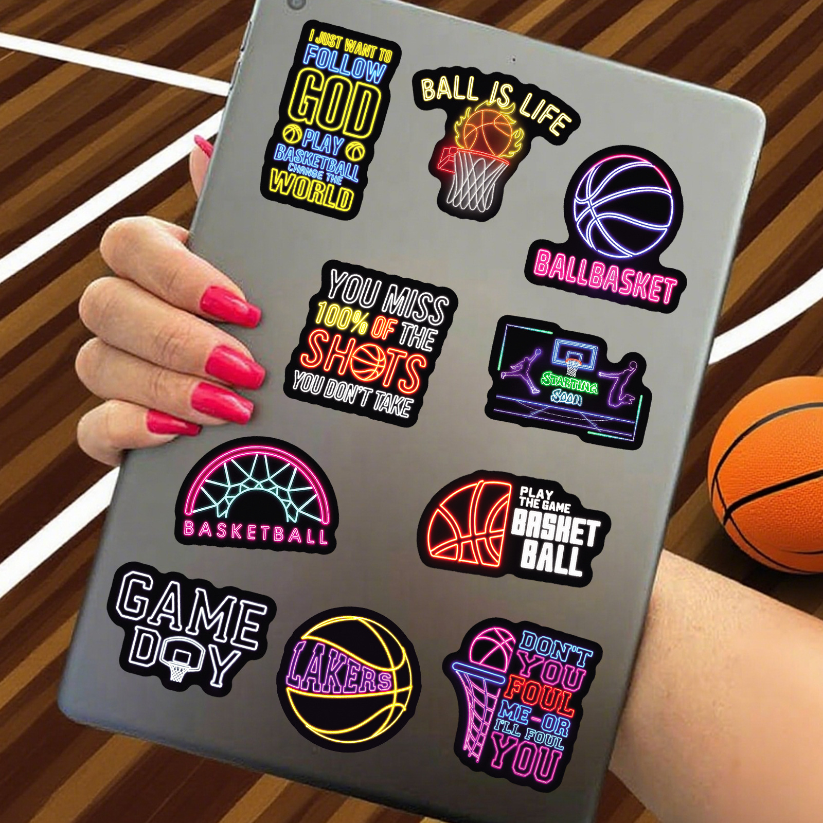 50pcs Neon Inspirational Basketball Sports Series Stickers, suitable ...