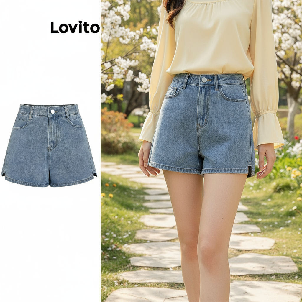 Lovito Women's Casual Denim Shorts with Plain Split Pocket L68ED114 ...