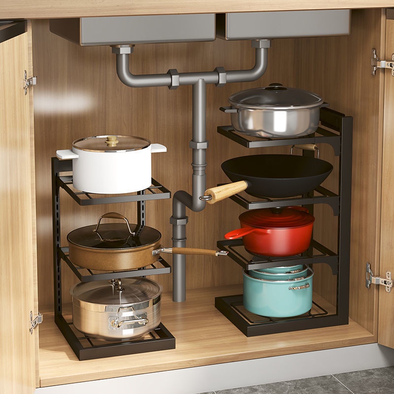 Kitchen Pan Organizer Pot Rack Adjustable Under Sink Countertop ...
