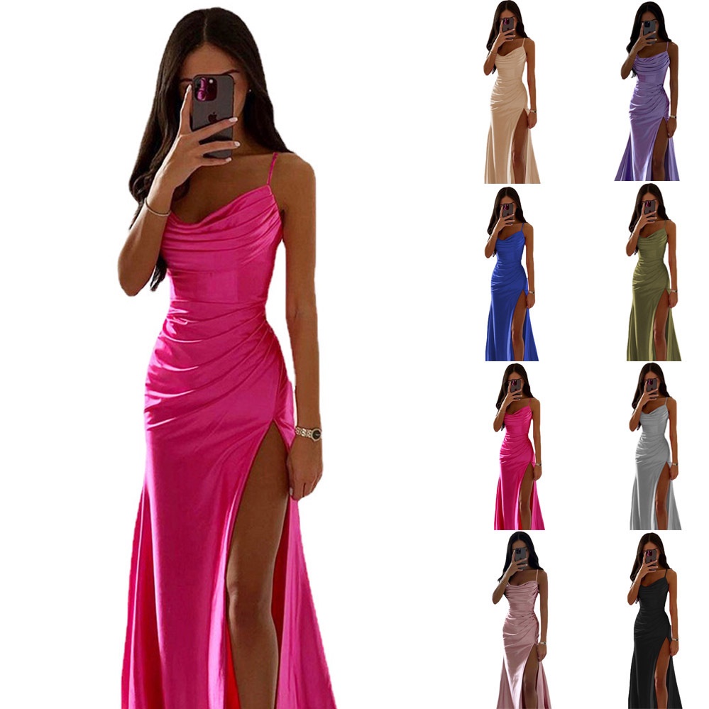 Women's Clothes Spring Tube Top Pleated Slit Satin Dress Sexy Slim Hip ...