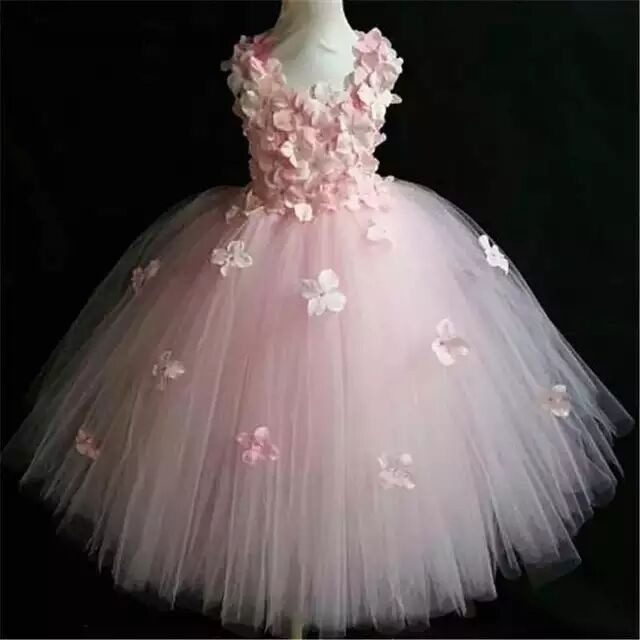 Girls Pink Fairy Flower Petals Tutu Dress Kids Crochet Tulle Dress Long ...
