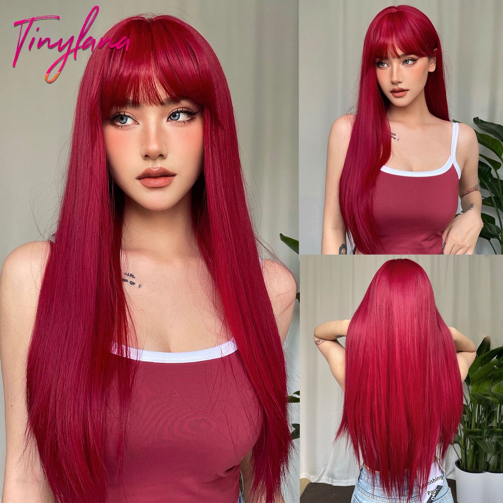 Jecarden Light Wine Red Long Straight Synthetic Wigs with Fluffy Bangs for Women Cosplay Party Heat Resistant Natural Hair Wig