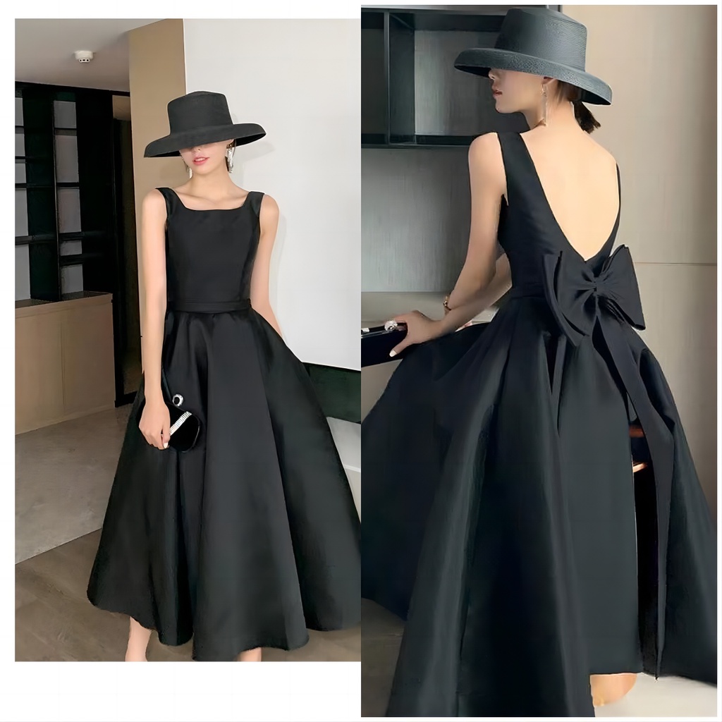 Black Slim Banquet Evening Dress Women's Backless Temperament Small
