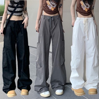 Ready stock】Women Casual Y2K Streetwear Cargo Pants Baggy Wide Leg Straight  Long Pants Big Pockets Oversize Dance Pants Trousers