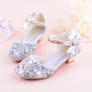 Girls Leather Shoes High Heel 2024 Rhinestone Bow Little Princess Model ...