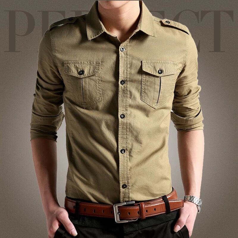 khaki army green dark blue Shirt Men Business Casual Slim Fit Top dark ...