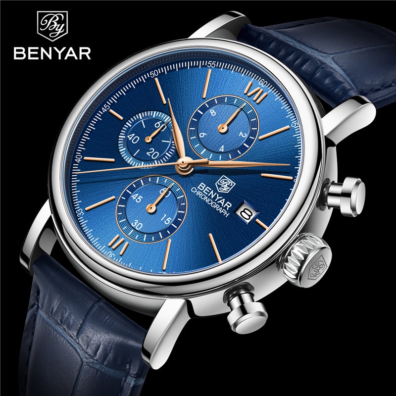 Benyar Men Watch Chronograph Waterproof Sport Genuine Leather Male Wristwatch Top Brand Luxury 2898