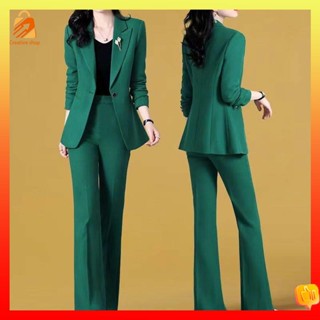 Elegant women slim suit jacket korean style high waist wide leg pants OL  two pieces set