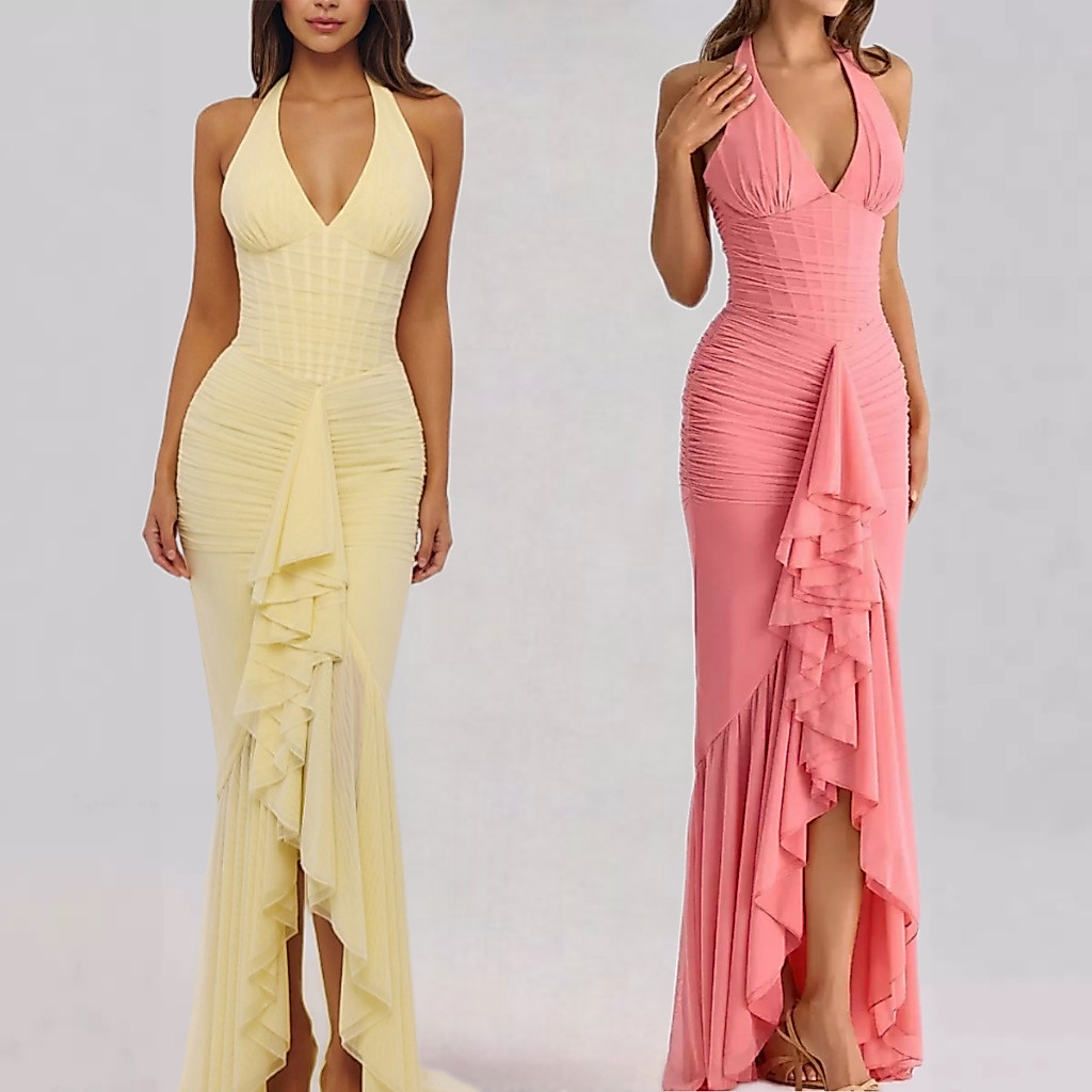 Women Halter Deep V‑Neck Mermaid Maxi Gown Mesh Spliced Ruched Bodycon ...