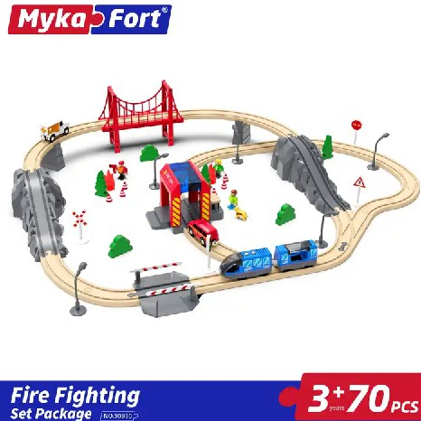 Wooden Rail Train Set Fire Fighting 75 Pieces Car With Jigsaw Puzzle ...