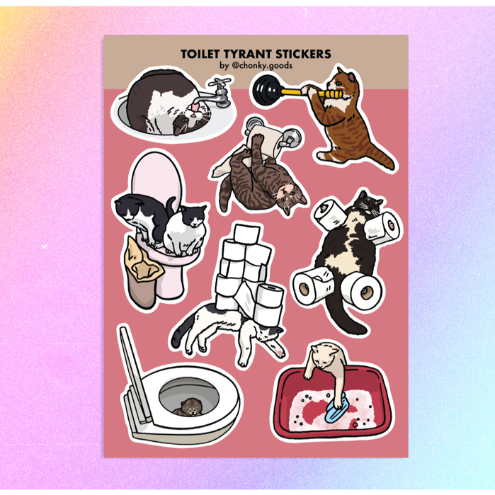Toilet Tyrrant cat Meme Sticker Sheet | funny pooping litter stickers ...
