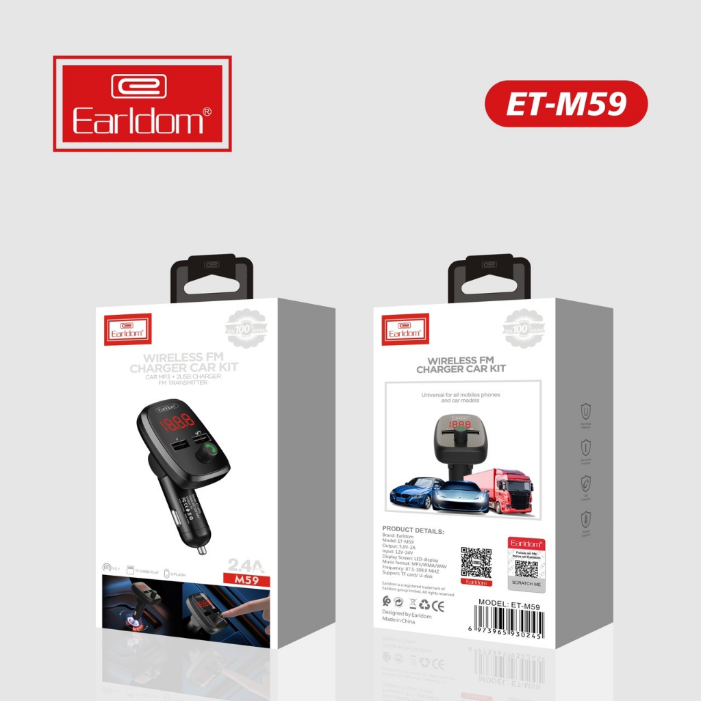 Earldom Model ETM59 Wireless Car MP3 + Charger/FM/USB 2.4A Transmitter