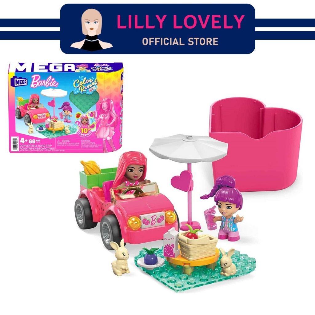 MEGA Barbie Color Reveal Building Toy Car Convertible Set With 66pcs ...