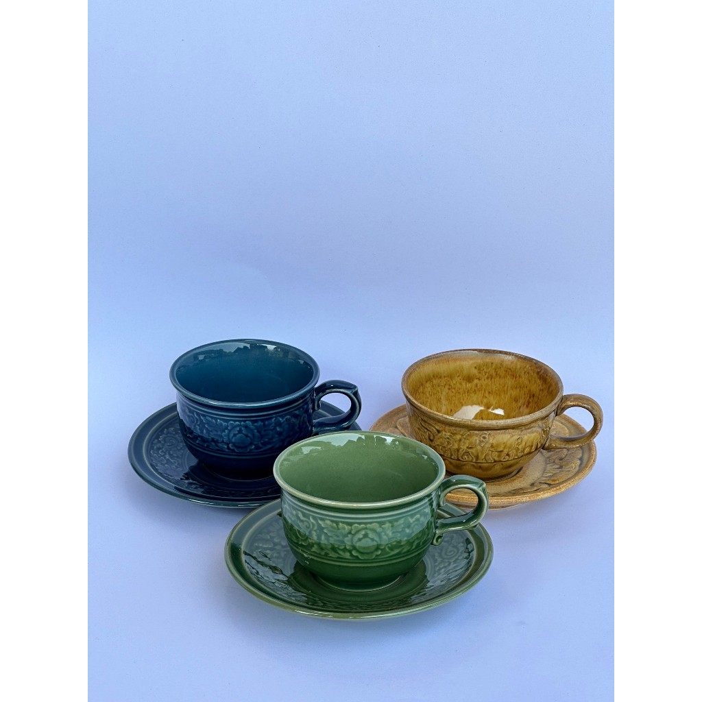 Coffee Cup Set With Saucer Thai Ceramic Pattern Can Be Microwaved In