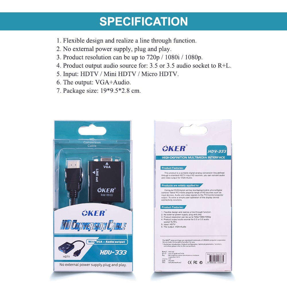 CONVERSION CABLE OKER Model HDV-333 HDMI TO VGA Audio output Adapter ...