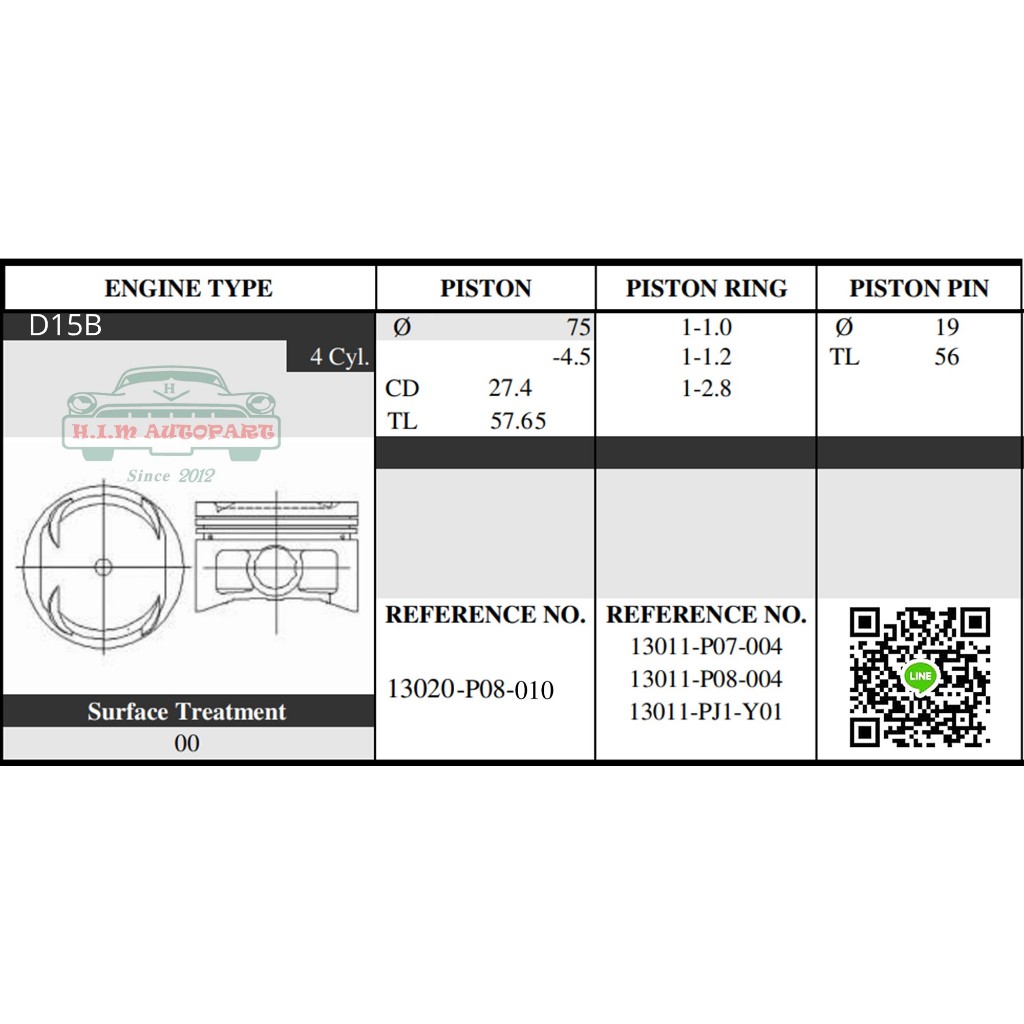 Piston SIZE 0.50 (75.50mm) HONDA CIVIC D15B D16Y VTEC 3Stage P08 4