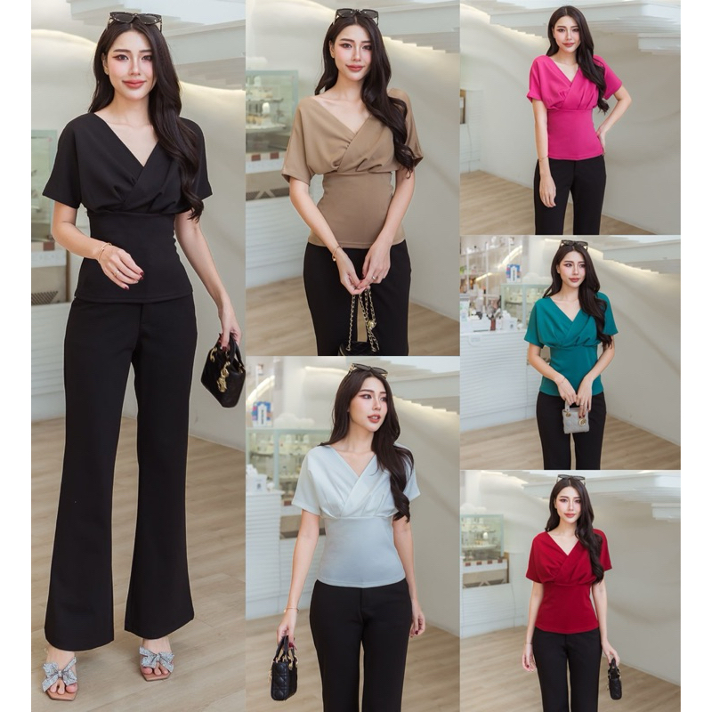 161 V-Neck Tops With Front Label Sleeve (Original REEYA Stretchable ...