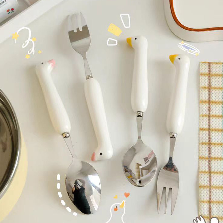 ins White Ceramic Handle Spoon And Fork Cartoon Duck Shape Stainless