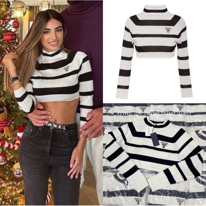 New!! PD stripe crop top Striped Long-Sleeved Slim Fit Very Beautiful ...