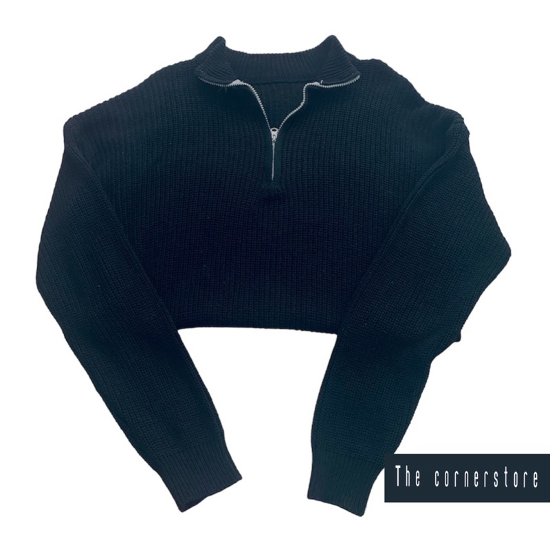 Q1 Stand Collar Knit Sweater Half Zip Black Long Sleeve