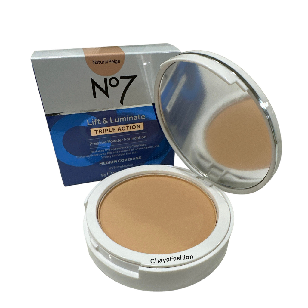 ** NO7 Number Seven Lift & Luminate Triple Action Press Powder Foundation Natural Beige 9g Exp