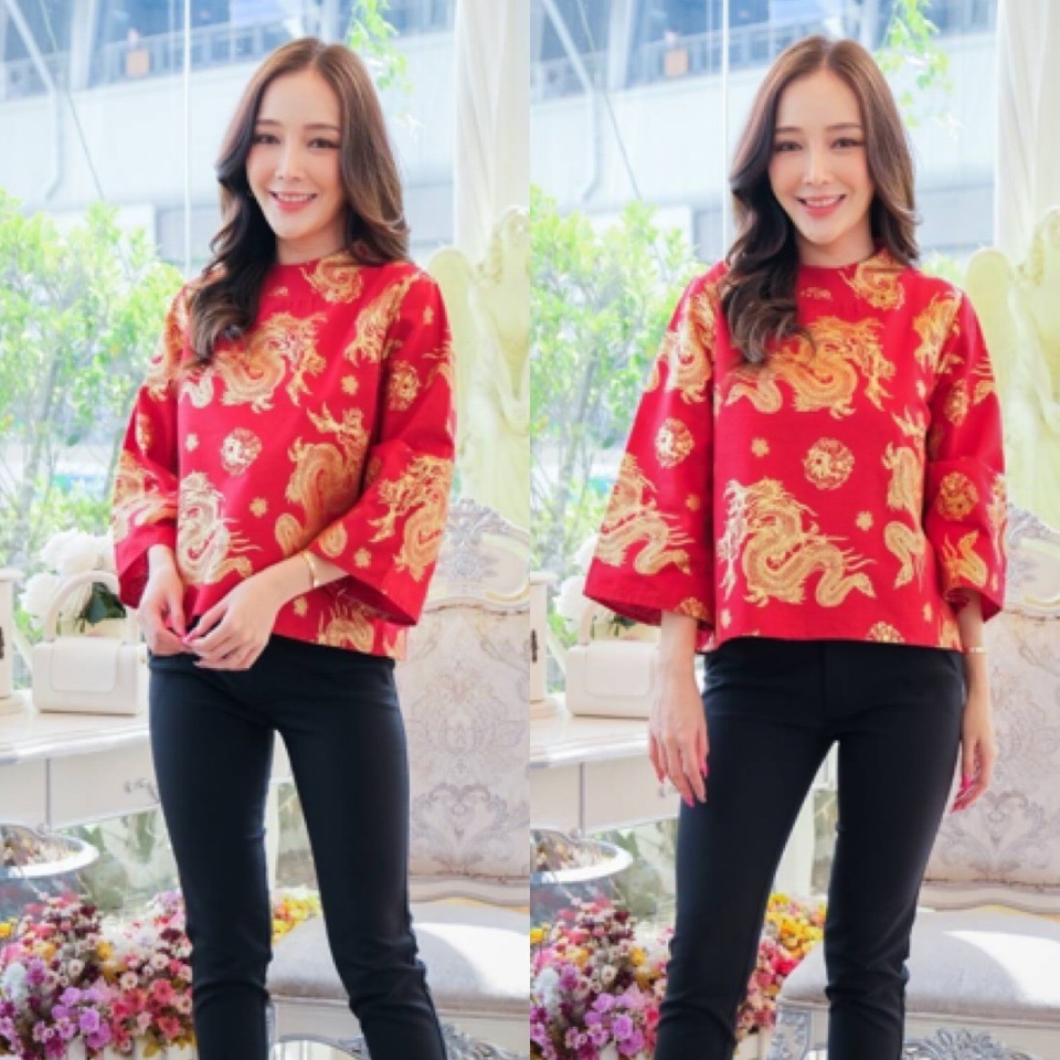Women's Red Dragon & Phoenix Satin Short Sleeve Blouse - Mandarin Collar, Chinese Style, Perfect For Parties