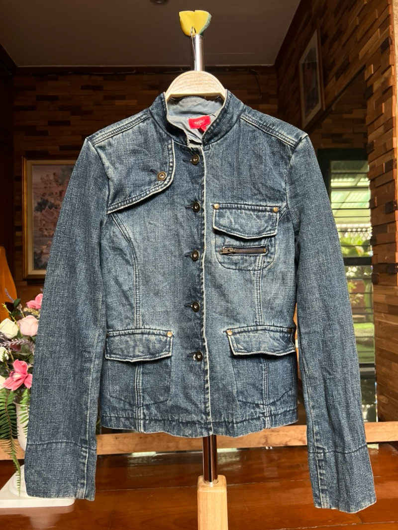 Cafe Latte Mandarin Collar Jean Jacket - Black