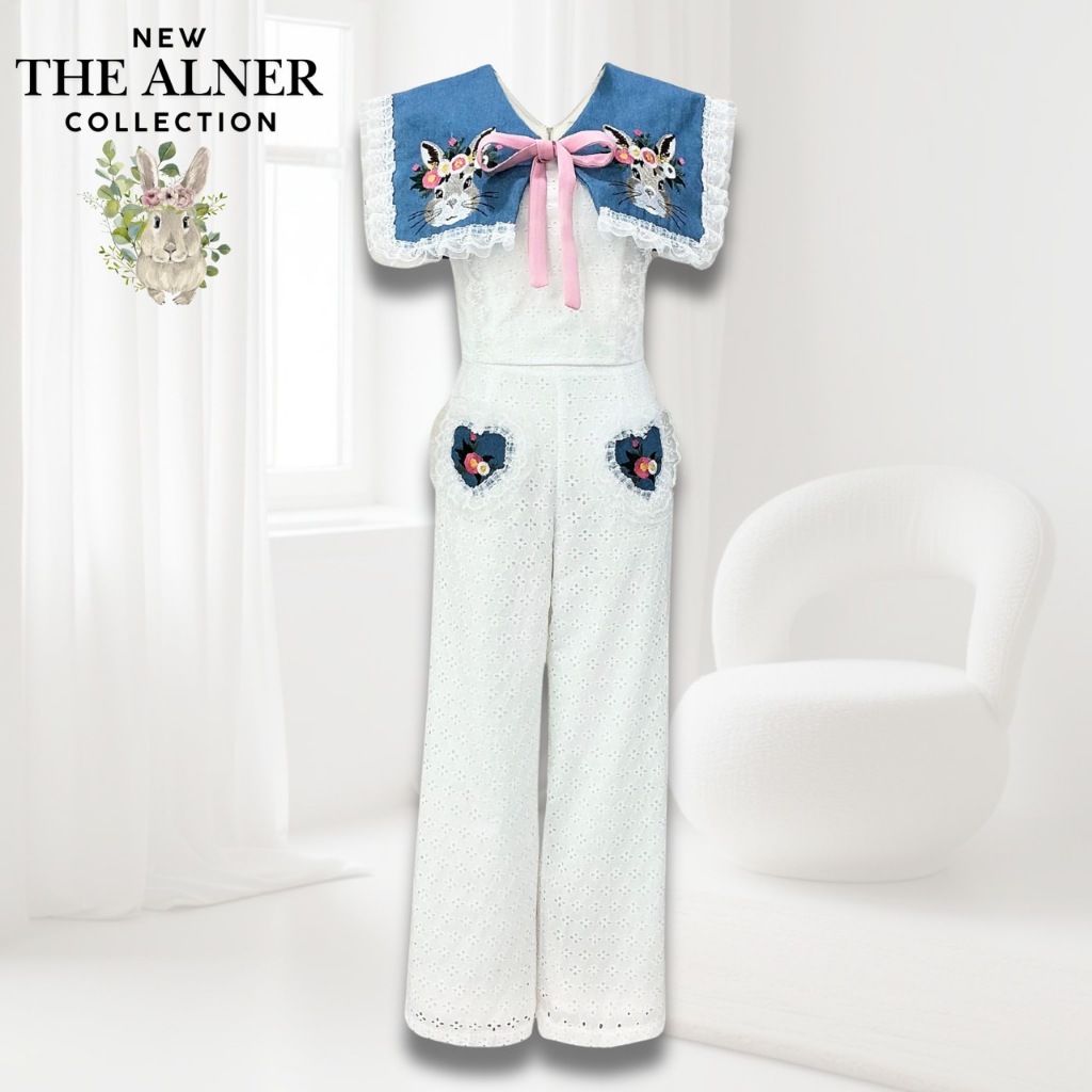 Thealner-AN369 (White Openwork Shirt Set Denim Collar Rabbit Embroidery ...